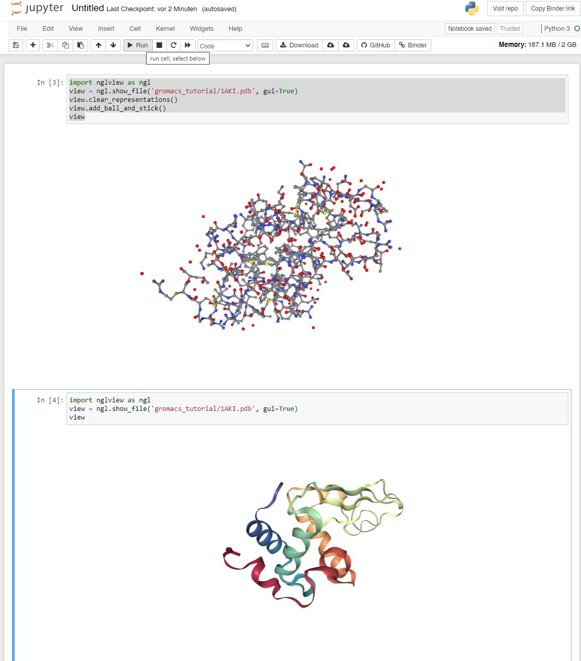 Ball and Stick and Cartoon representation of the Lysozyme protein.