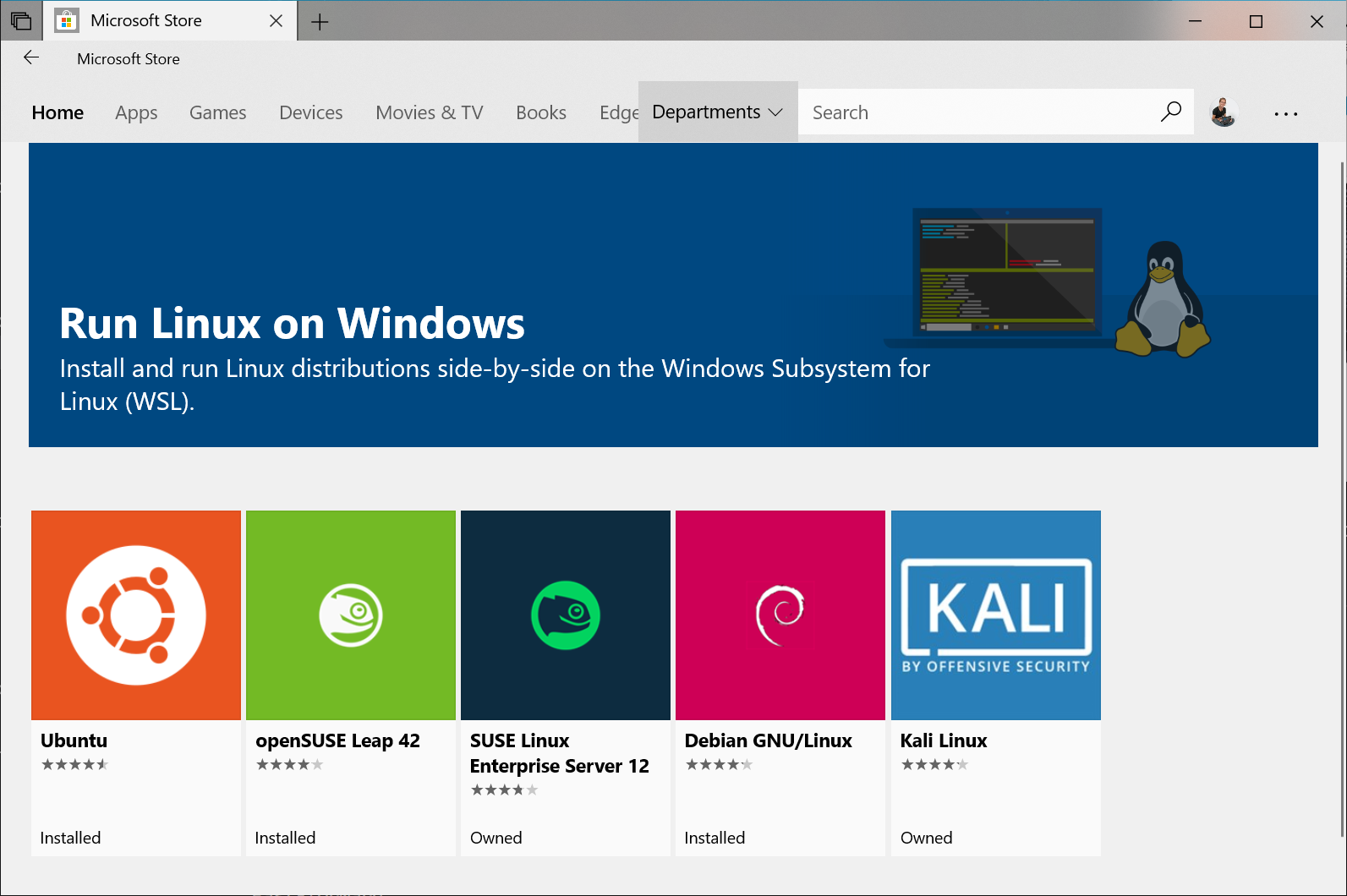 A page of the microsoft store showing available linux distributions.