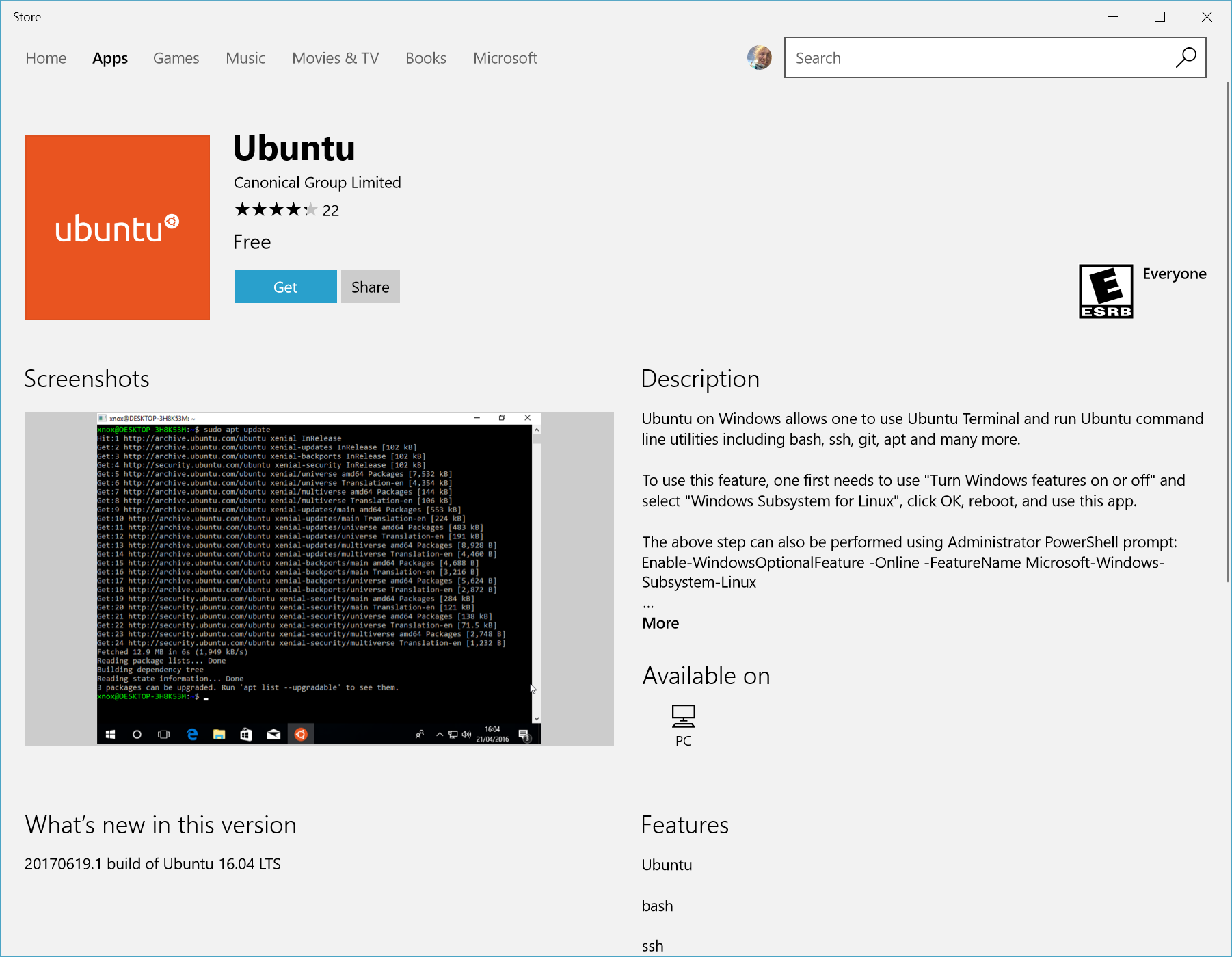 The Microsoft Store page of the Ubuntu distribution.